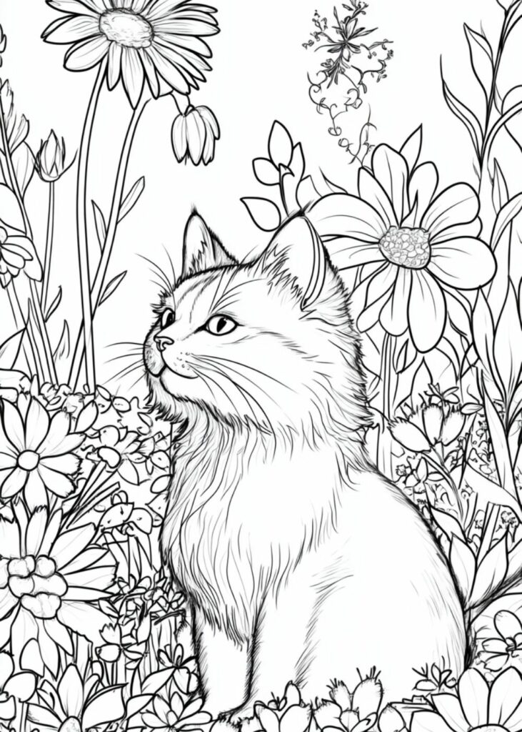 Katze mit Blumen Ausmalbild