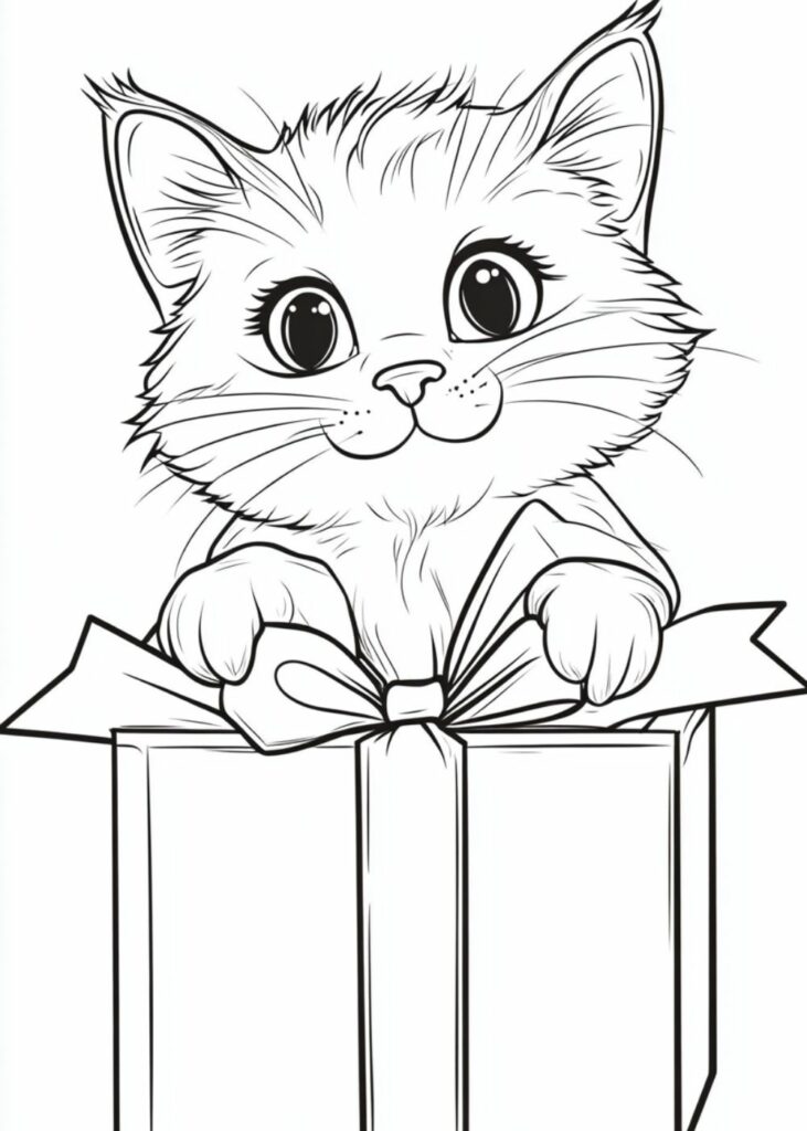 Ausmalbild Katze mit Geschenk